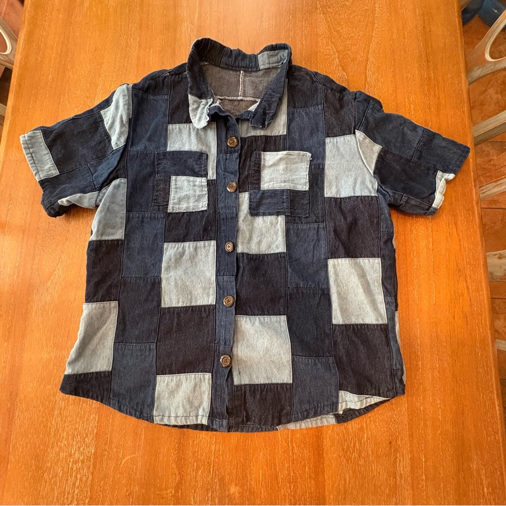 Patchwork Short Sleeve Two-Tone Denim Button-Up S… - image 1
